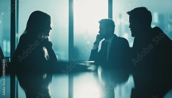 Obraz Three professionals contemplate a serious topic in a darkened office, backlit by city lights