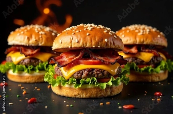 Fototapeta Three delicious burgers with juicy patty, fried bacon, fresh herbs and cheese on dark background. Flame of fire in background. Fast food concept