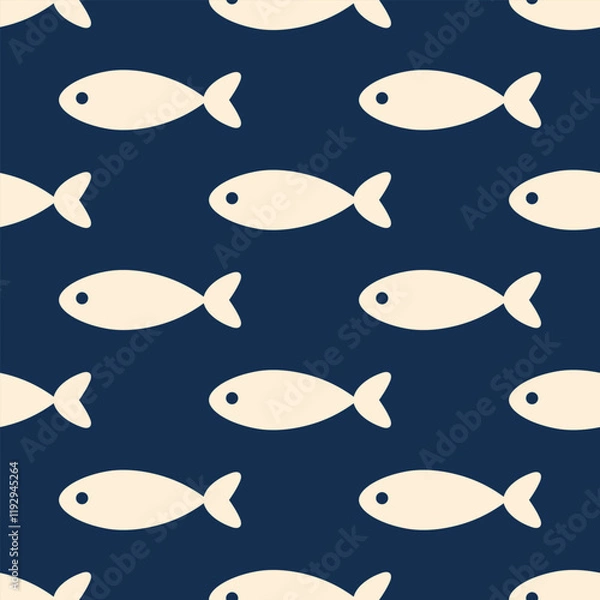 Fototapeta Fishes simple vector seamless pattern. Ivory minimalist stylized drawings on dark blue background.
