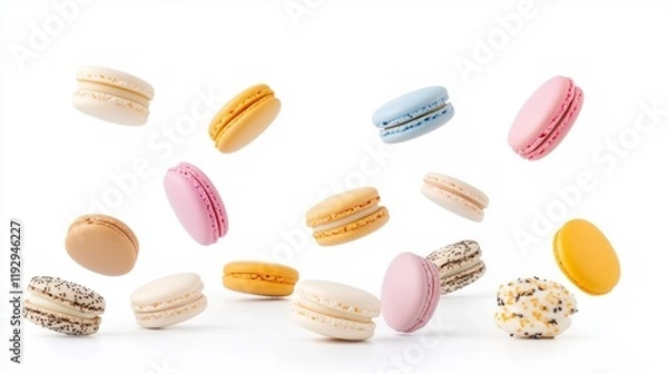 Fototapeta Colorful Floating Macarons on White. Generative AI