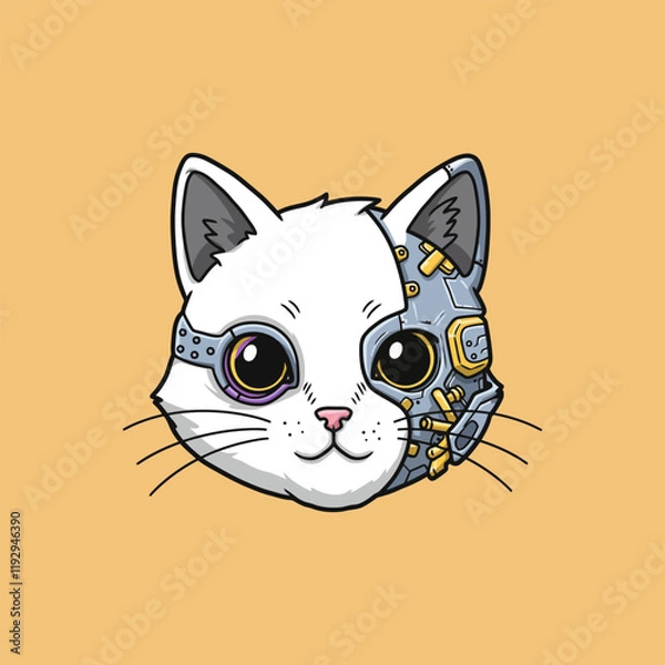 Fototapeta A stylized illustration depicts a cats head half organic and half robotic showcasing a blend of cute and futuristic elements.