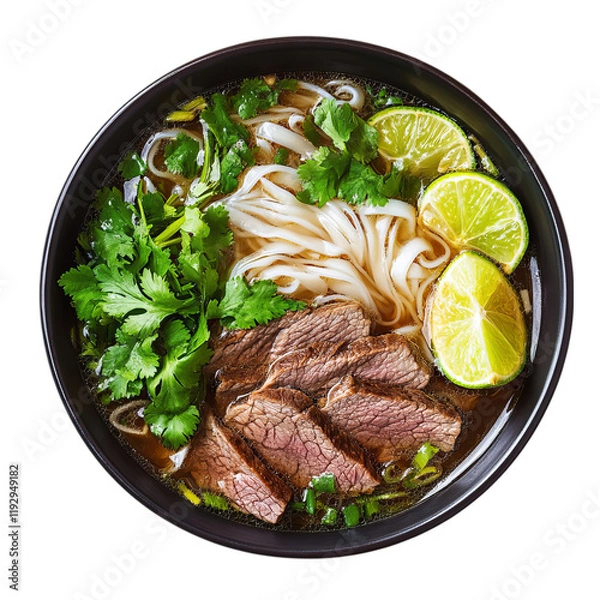 Obraz Savory Vietnamese Beef Pho in Broth with Fresh Cilantro and Lime Slices to Entice Your Taste Buds