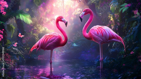 Fototapeta Two beautiful pink flamingos standing gracefully in an enchanting, imaginary forest