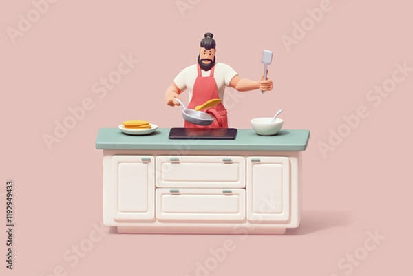 Fototapeta Young casual muscular cute funny kawaii handsome smiling bearded brunette man in white t-shirt, red apron having fun cooking pancakes in his kitchen at home in morning. 3d render on pastel background.