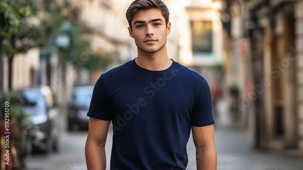 Obraz flat navy blue t-shirt mockup, front view of an attractive young man with a slim body