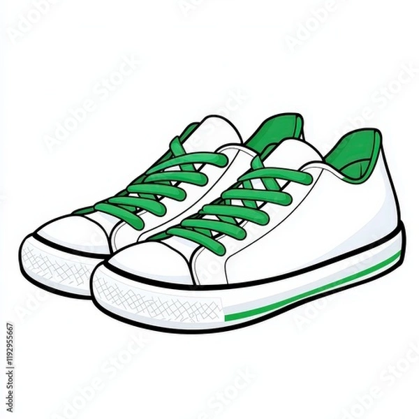 Fototapeta Pair of sneakers with green laces and cartoon clipart of white school shoes on a plain background
