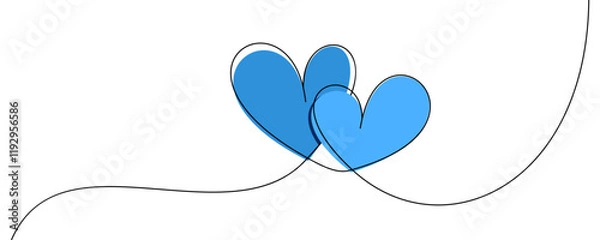 Obraz Vector illustration of two overlapping blue hearts outlined in black, connected by a flowing elegant line, symbolizing love and unity.