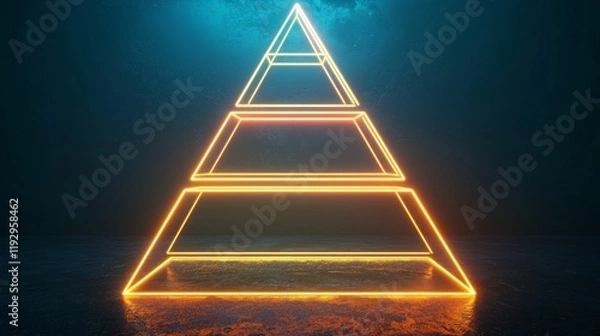 Fototapeta Illuminated pyramid structure with neon light effect in a dark setting