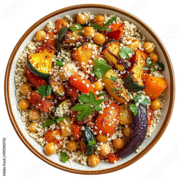 Obraz Nutritious Couscous Bowl with Roasted Vegetables and Chickpeas: A Delicious Vegan Meal for a Healthy Lifestyle