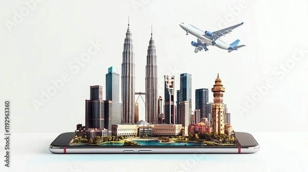 Obraz Experience Kuala Lumpur’s vibrant skyline as landmarks like the Petronas Towers emerge from a smartphone screen, redefining urban travel inspiration.