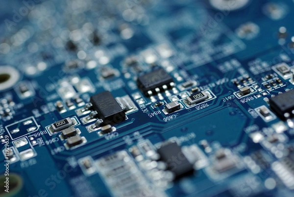 Fototapeta Circuit computer board chip. Computer hardware technology. Circuit computer board. Close up blue color.
