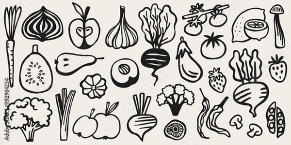 Obraz Cute vegetable hand drawn doodle elements. Vegetable shop vector set
