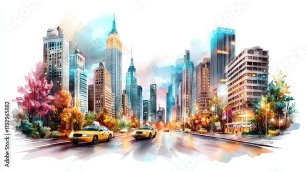 Fototapeta Vibrant Cityscape with Autumn Colors and Yellow Taxis on a Busy City Street