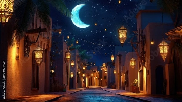 Fototapeta A serene night scene with glowing lanterns adorning a quiet street under a crescent moon