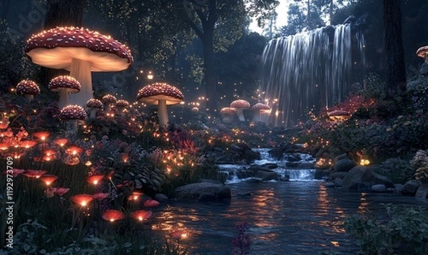 Fototapeta Enchanted forest stream, glowing mushrooms, waterfall background; fantasy art