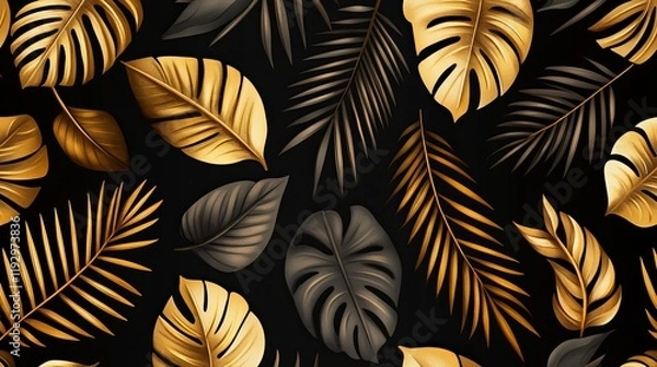 Fototapeta Luxurious golden tropical leaves in a monochrome seamless pattern Features exotic leaf line art with watercolor silhouettes on a black background ideal for textiles and wallpapers