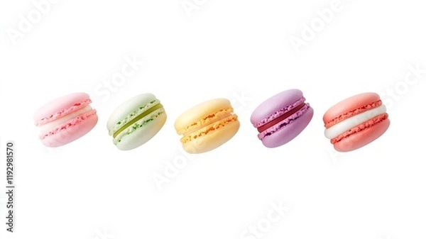 Fototapeta Colorful French Macaron Cookies Stacked in Rows on White Background