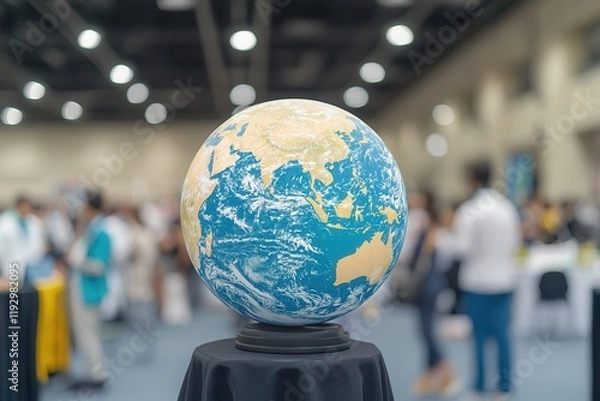 Fototapeta A globe on display with a blurred background of people and tables at an event.