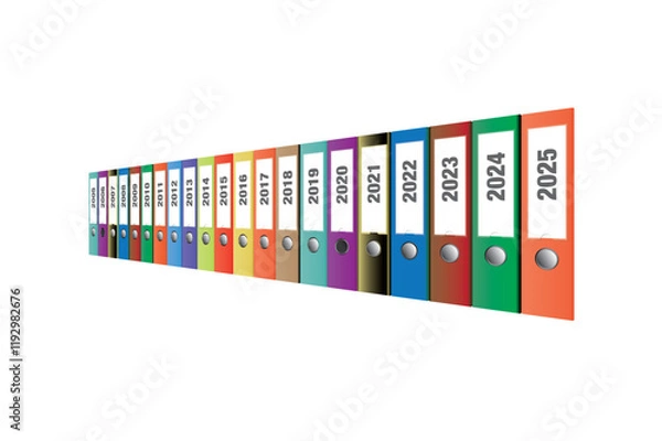 Fototapeta Rows of multicolored binders with years from 2005 tot 2025. In a 3 dimentional view.