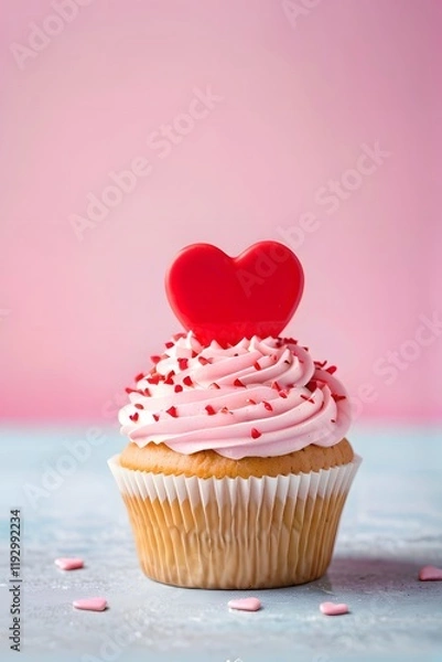 Fototapeta A cute Valentine's cupcake with a heart sugar icing on pastel background with copy space