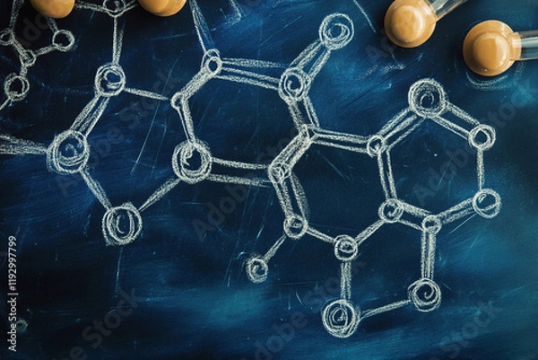Obraz Detailed chalk drawing of molecular structures illustrating chemical compounds on a blackboard in a classroom setting