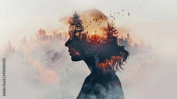 Fototapeta A woman's profile silhouette blended with a forest and sunset backdrop, showcasing a dreamy concept of nature and freedom, identity