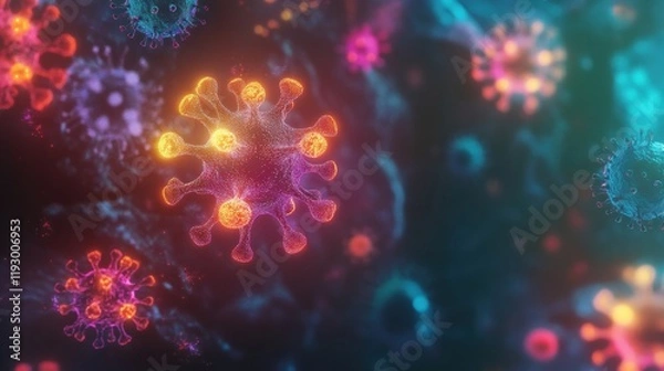 Fototapeta Exploring the vibrant world of magnified viruses in colorful scientific detail. Generative AI