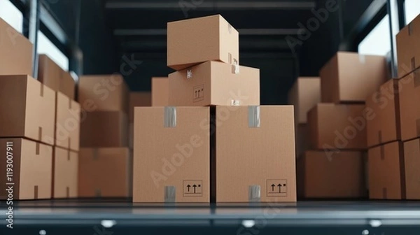 Fototapeta Movers organizing and stacking cardboard boxes in a warehouse or storage facility for efficient transport