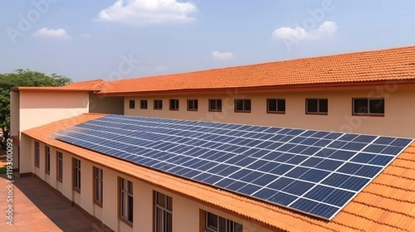 Fototapeta Energy-Efficient Solar-Powered School Building with Bright Rooftop Panels
