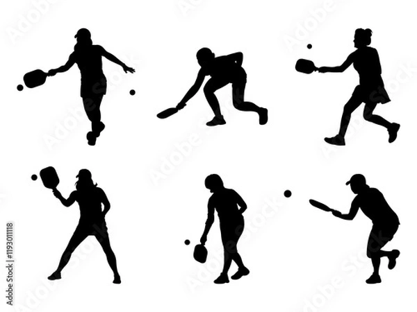 Fototapeta Set of Female Pickleball Player Silhouette in various poses isolated on white background
