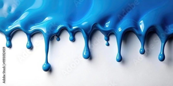 Fototapeta A puddle of blue goo slowly drips onto a pristine white surface, creating a mesmerizing pattern, isolated environment, viscous flow, white background