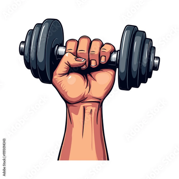 Fototapeta strong man hand raised with a hand holding dumbbell,  strong hand weight lifting gym fitness illustration