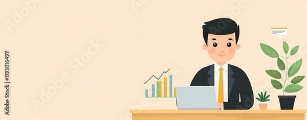 Fototapeta Illustration flat art pastel cartoon of business, Young Professional Working at a Desk in Soft Colors