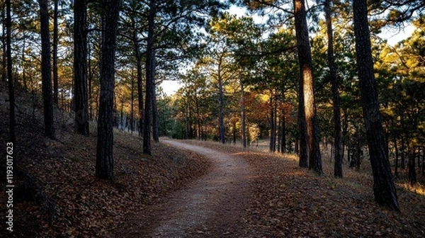 Fototapeta Winding forest trail adventure serene pine grove nature autumn vibes scenic view outdoor exploration