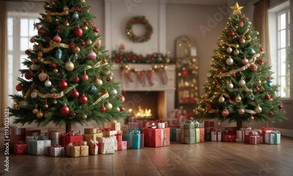 Fototapeta A Christmas tree with beautifully wrapped presents and ornaments, wrapping paper, christmas tree