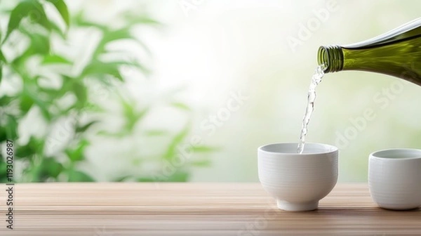 Fototapeta Bottle pouring water into two cups and traditional japanese sake being served in a ceramic container