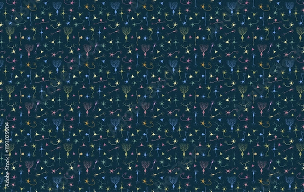 Fototapeta  Colorful dark blue pattern with different types of neurons. Science print