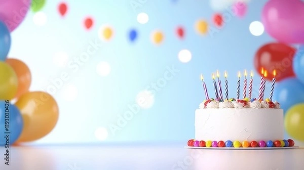 Fototapeta Birthday cake with candles on a colorful table setup for a vibrant birthday party celebration