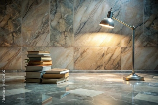 Fototapeta A calm marble floor with a few scattered books and a reading lamp sits in the center, minimalist, marble floor, elegant, peaceful