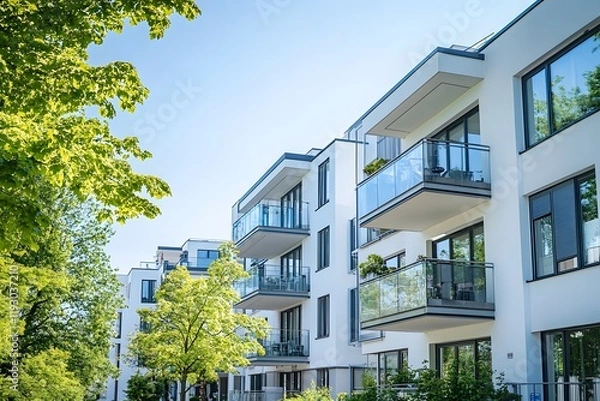 Obraz Modern luxury apartment building with large balconies and lush greenery surrounding the property