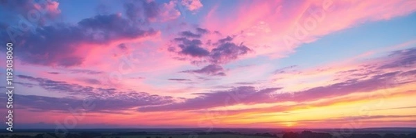 Fototapeta Panoramic photo, view of a pink and purple sky at sunset. Sky panorama background, header and web banner