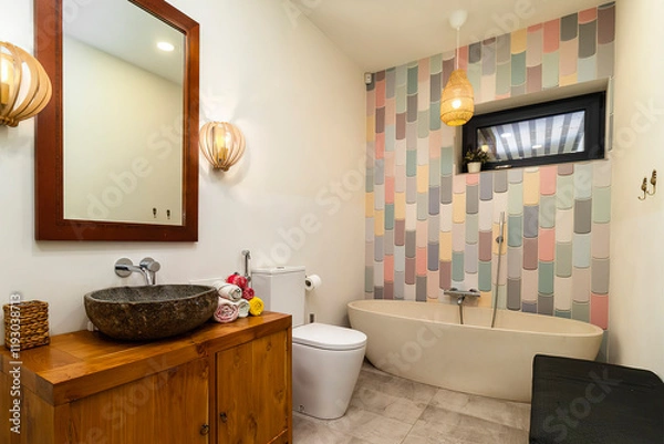 Obraz Modern bathroom interior in minimal scandinavian style, 3d render