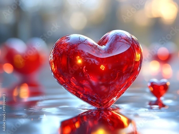 Obraz Abstract floating 3D red hearts with soft reflections and bokeh effects.