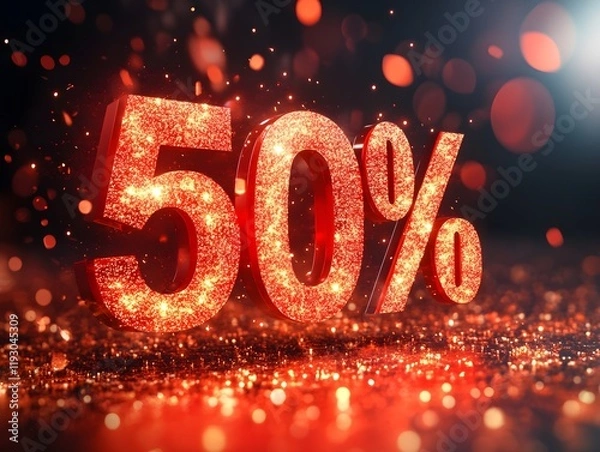 Fototapeta Abstract discount percentage symbols 50% in bold red and white colors with glowing accents.