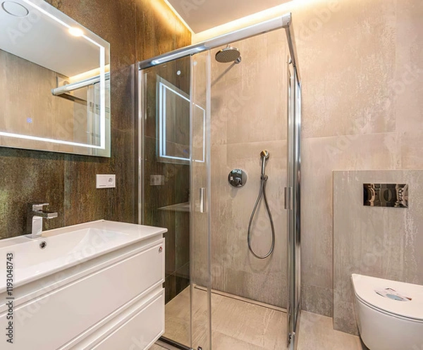 Obraz Modern bathroom interior in minimal scandinavian style, 3d render