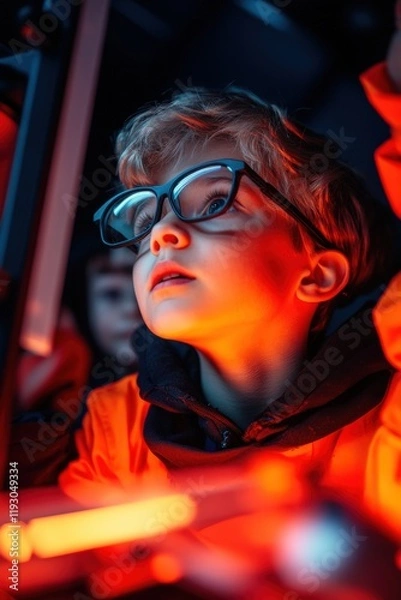 Fototapeta Bright lights fuel curiosity in a child exploring technology at a science center