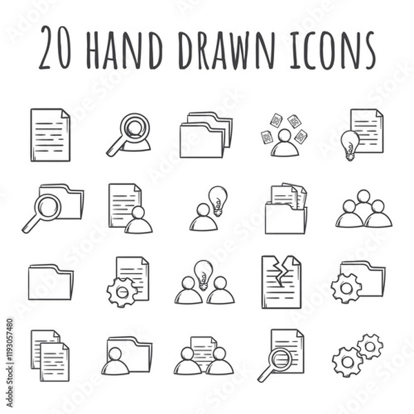 Obraz Set of black and white simple icons of management, office work, documents, team, training and work. Vector flat signs and symbols for the design of a website, application. Hand drawn design elements