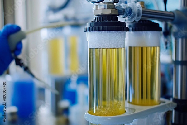 Obraz Scientist conducts research on algae in a laboratory with green cultures