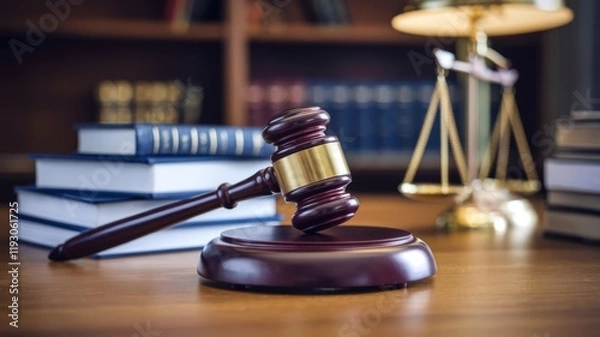 Fototapeta Law Firm Concept with Judge’s Gavel and Legal Text on Wooden Stand