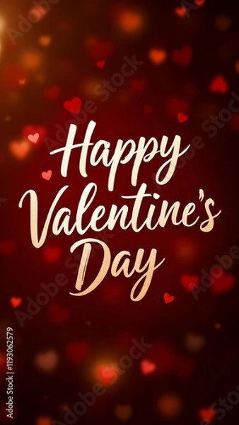 Fototapeta Happy Valentines Day greeting card features a red background with blurred hearts and golden text.  The warm tones and romantic hearts create a festive atmosphere.